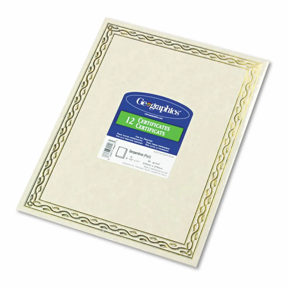 Geographics Foil Stamped Award Certificates, 8.5 x 11, Gold Serpentine with White Border, 12/Pack