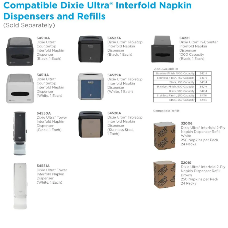 Georgia-Pacific Dixie Ultra 2-Ply Interfold Napkin Dispenser Refills, 6 1/2" x 5", Brown, 250 Napkins Per Pack, Case Of 24 Packs