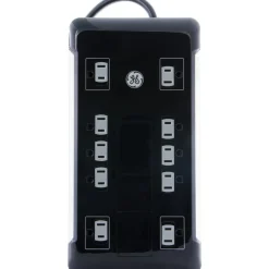 GE UltraPro 12 Outlet Surge Protector with 2 USB Tether, 8 ft Long Cord, 4320 Joules, Outlet Safety Covers, Black, 11824