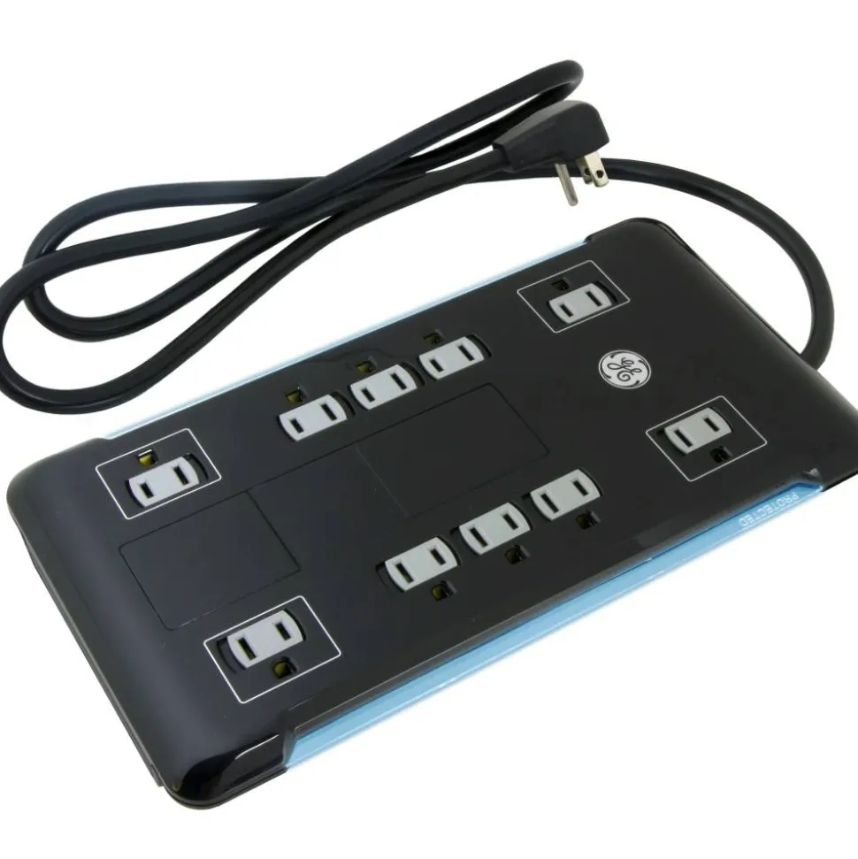 GE UltraPro 12 Outlet Surge Protector with 2 USB Tether, 8 ft Long Cord, 4320 Joules, Outlet Safety Covers, Black, 11824