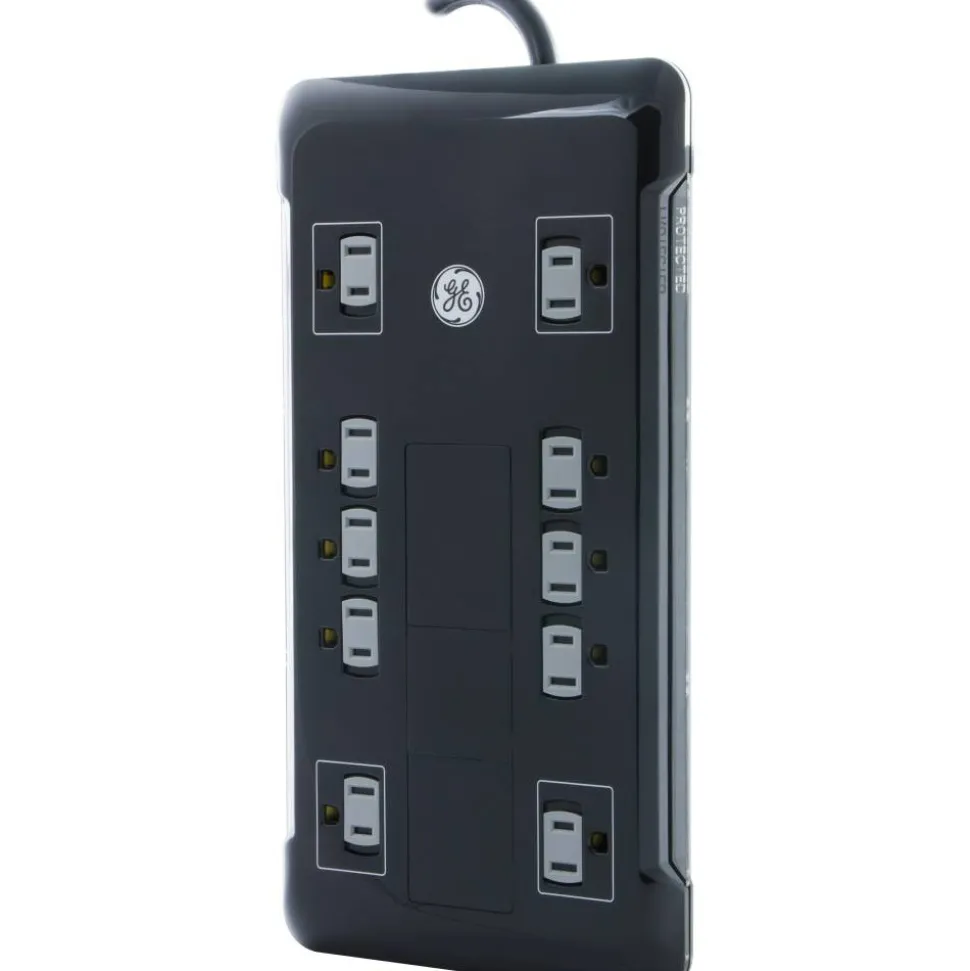 GE UltraPro 12 Outlet Surge Protector with 2 USB Tether, 8 ft Long Cord, 4320 Joules, Outlet Safety Covers, Black, 11824