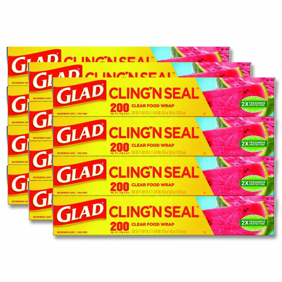 Glad Cling'N Seal Plastic Food Wrap, 200 sq ft, 12 Rolls/Carton