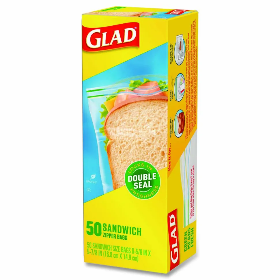 Glad Zipper Food Storage Plastic Sandwich Bags, 6.63 x 5.88, Clear, 50 Bags/Box, 12 Boxes/Carton