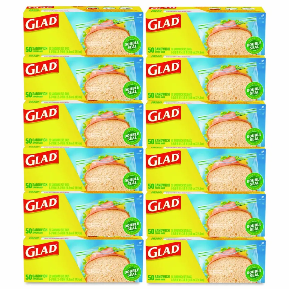 Glad Zipper Food Storage Plastic Sandwich Bags, 6.63 x 5.88, Clear, 50 Bags/Box, 12 Boxes/Carton