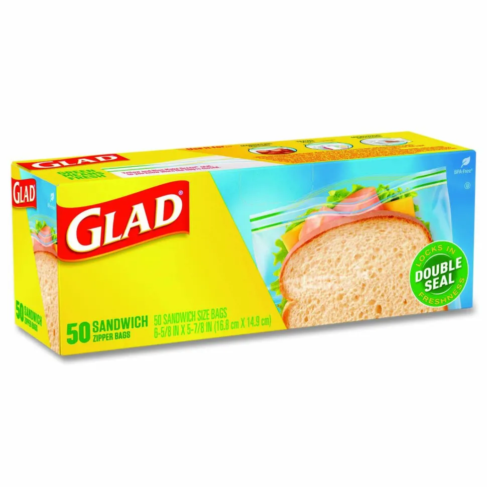 Glad Zipper Food Storage Plastic Sandwich Bags, 6.63 x 5.88, Clear, 50 Bags/Box, 12 Boxes/Carton