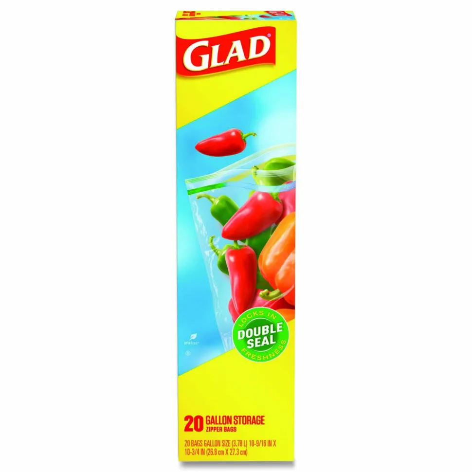 Glad Zipper Food Storage Plastic Bags, Gallon Size, 10.75 x 10.19, Clear, 20 Bags/Box, 12 Boxes/Carton