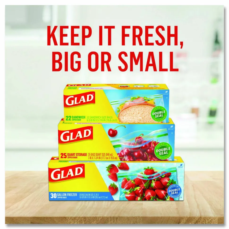 Glad Zipper Food Storage Plastic Bags, Gallon Size, 10.75 x 10.19, Clear, 20 Bags/Box, 12 Boxes/Carton