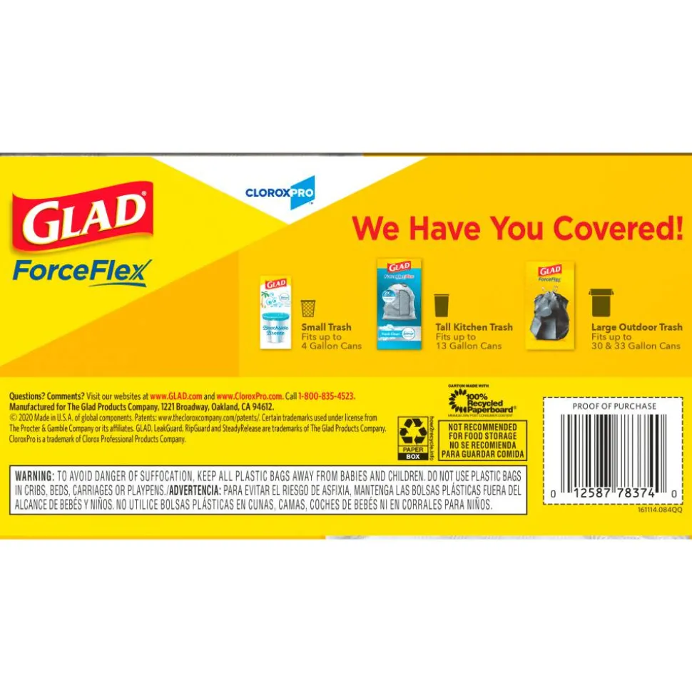 Glad CloroxPro ForceFlex Tall Kitchen Drawstring Trash Bags, 13 gal, 24 x 27.38, Gray, 100/Box
