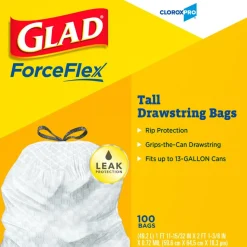 Glad CloroxPro ForceFlex Tall Kitchen Drawstring Trash Bags, 13 gal, 24 x 27.38, Gray, 100/Box