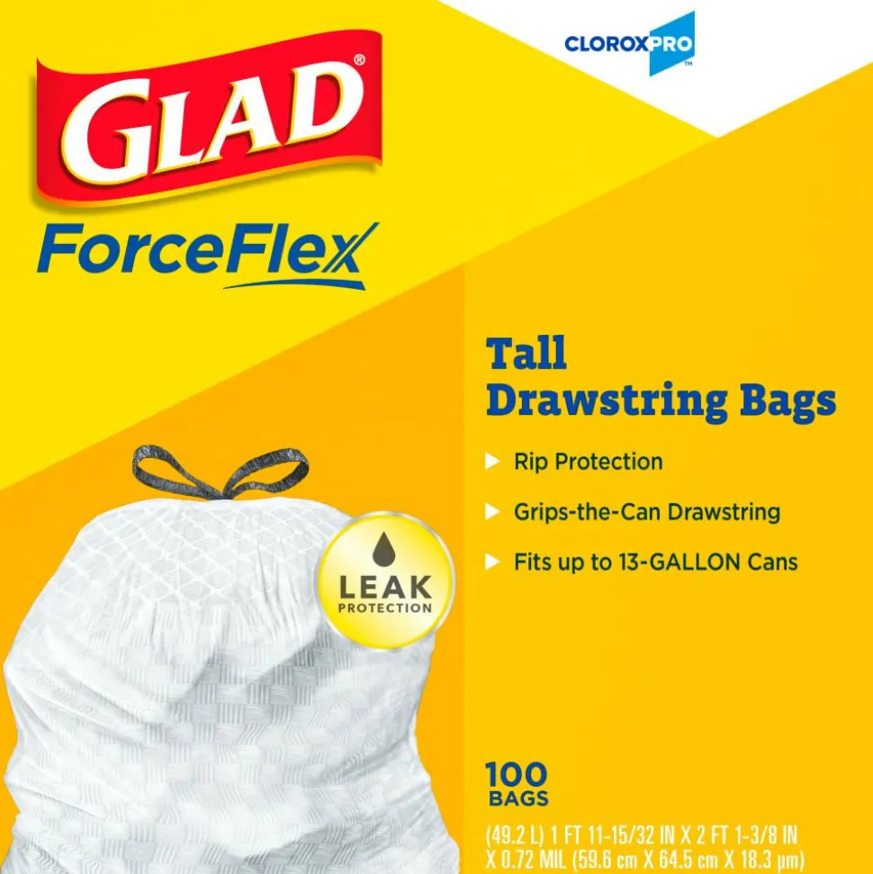 Glad CloroxPro ForceFlex Tall Kitchen Drawstring Trash Bags, 13 gal, 24 x 27.38, Gray, 100/Box