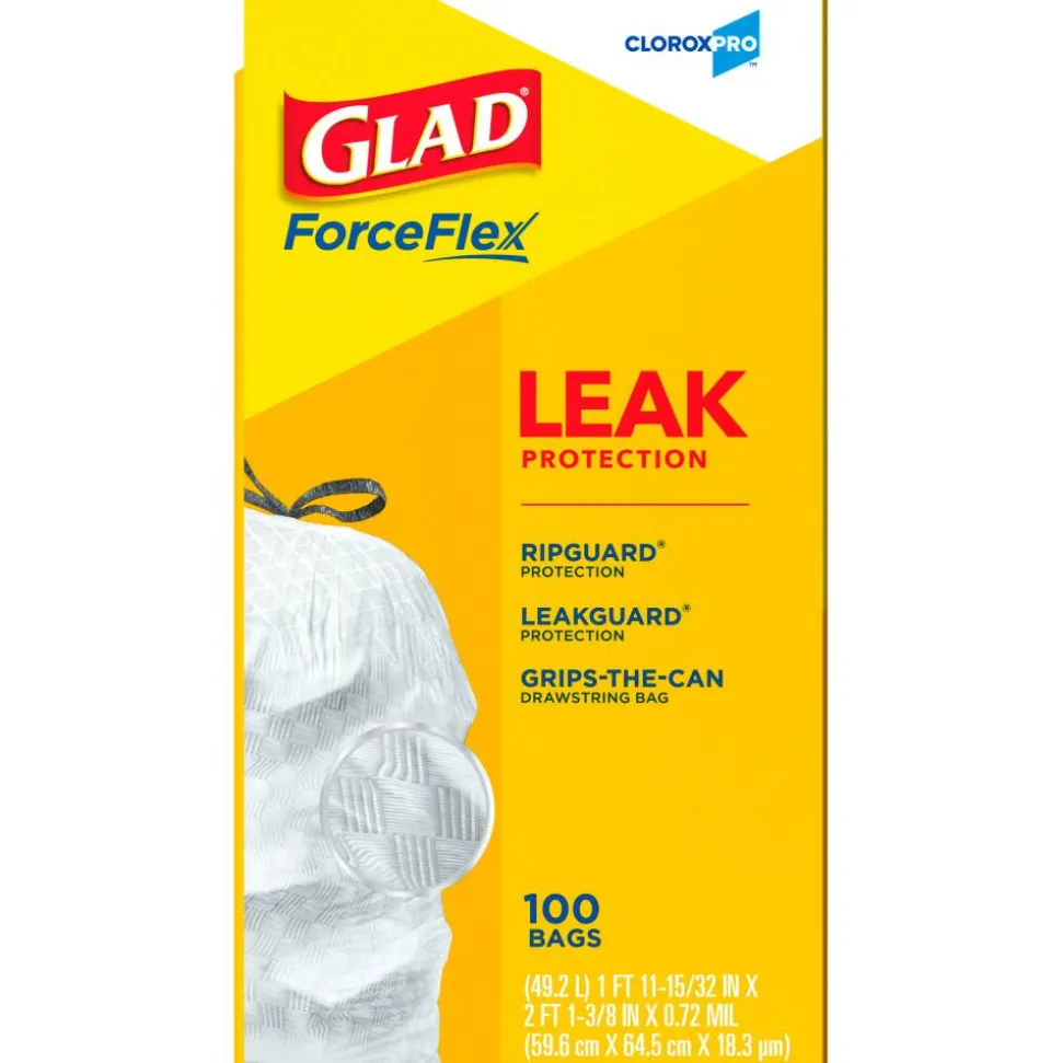 Glad CloroxPro ForceFlex Tall Kitchen Drawstring Trash Bags, 13 gal, 24 x 27.38, Gray, 100/Box