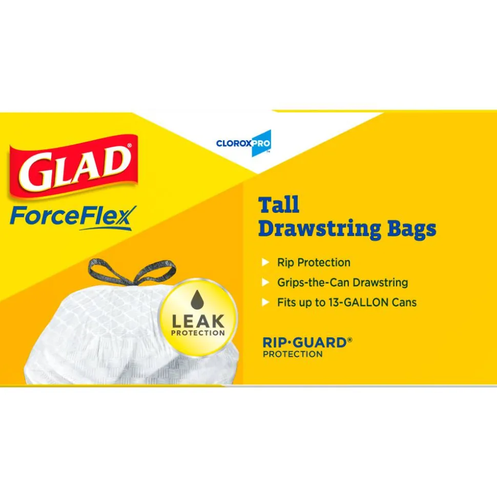 Glad CloroxPro ForceFlex Tall Kitchen Drawstring Trash Bags, 13 gal, 24 x 27.38, Gray, 100/Box