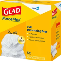 Glad CloroxPro ForceFlex Tall Kitchen Drawstring Trash Bags, 13 gal, 24 x 27.38, Gray, 100/Box