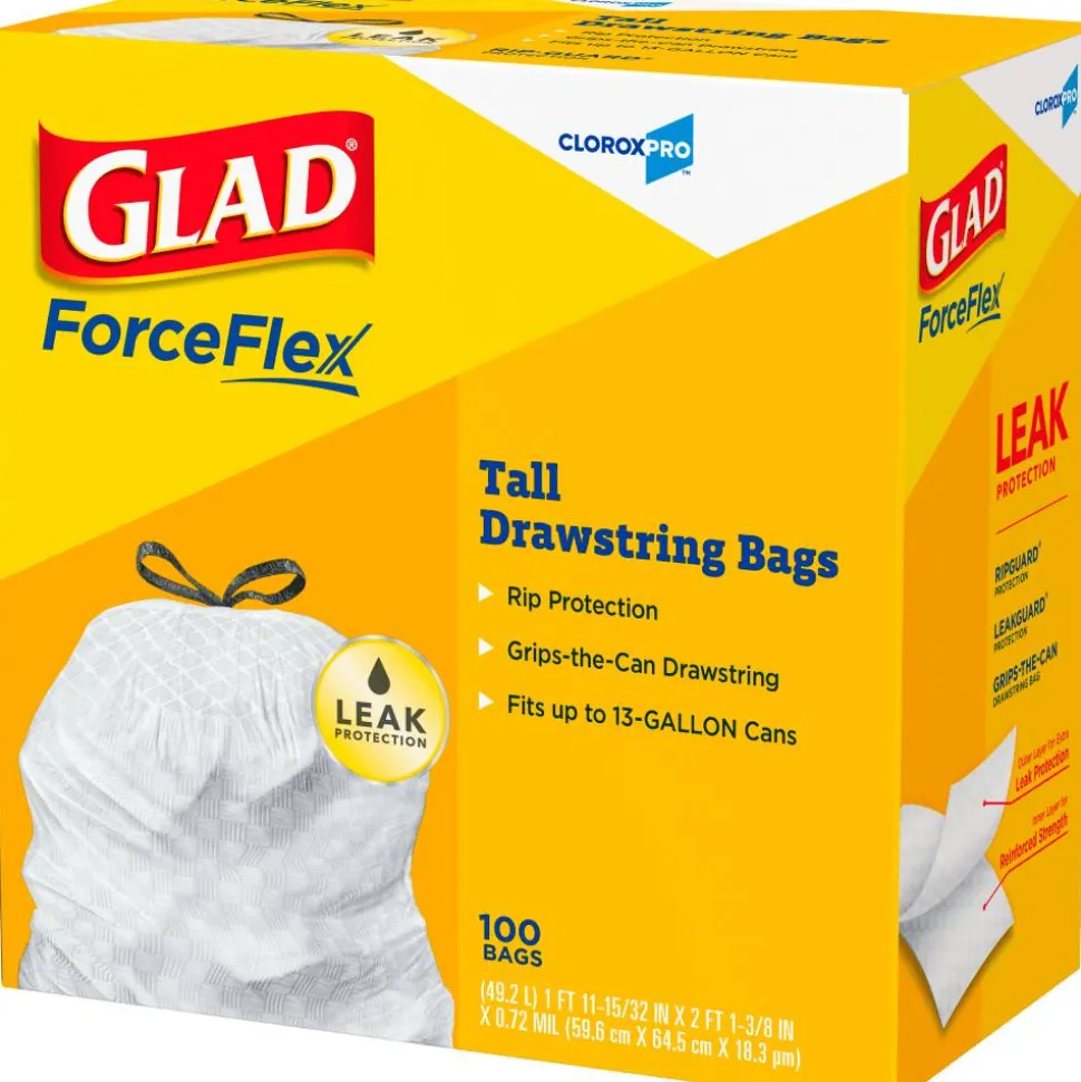 Glad CloroxPro ForceFlex Tall Kitchen Drawstring Trash Bags, 13 gal, 24 x 27.38, Gray, 100/Box