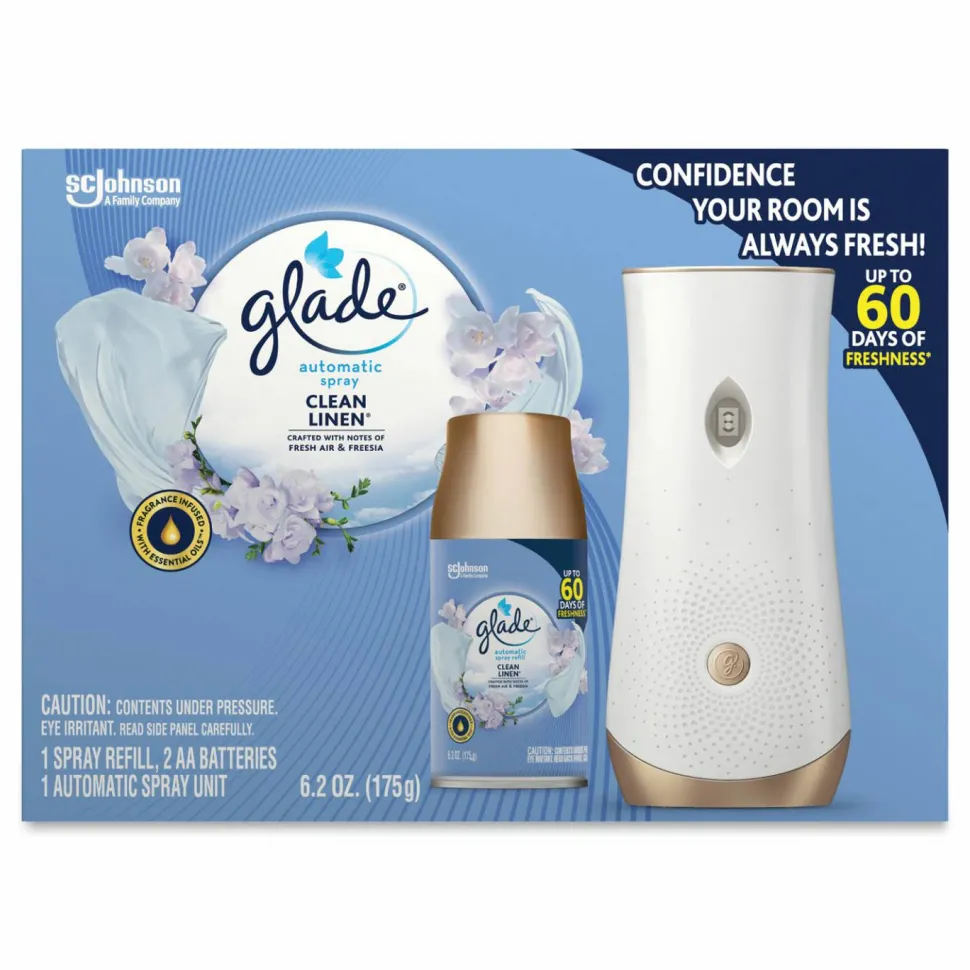 Glade Automatic Spray Starter Kit, Spray Unit and Refill, White/Gold, Clean Linen