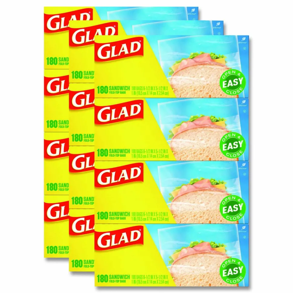 Glad Fold Top Food Storage Plastic Sandwich Bags, 6.5 x 5.5, Clear, 180 Bags/Box, 12 Boxes/Carton