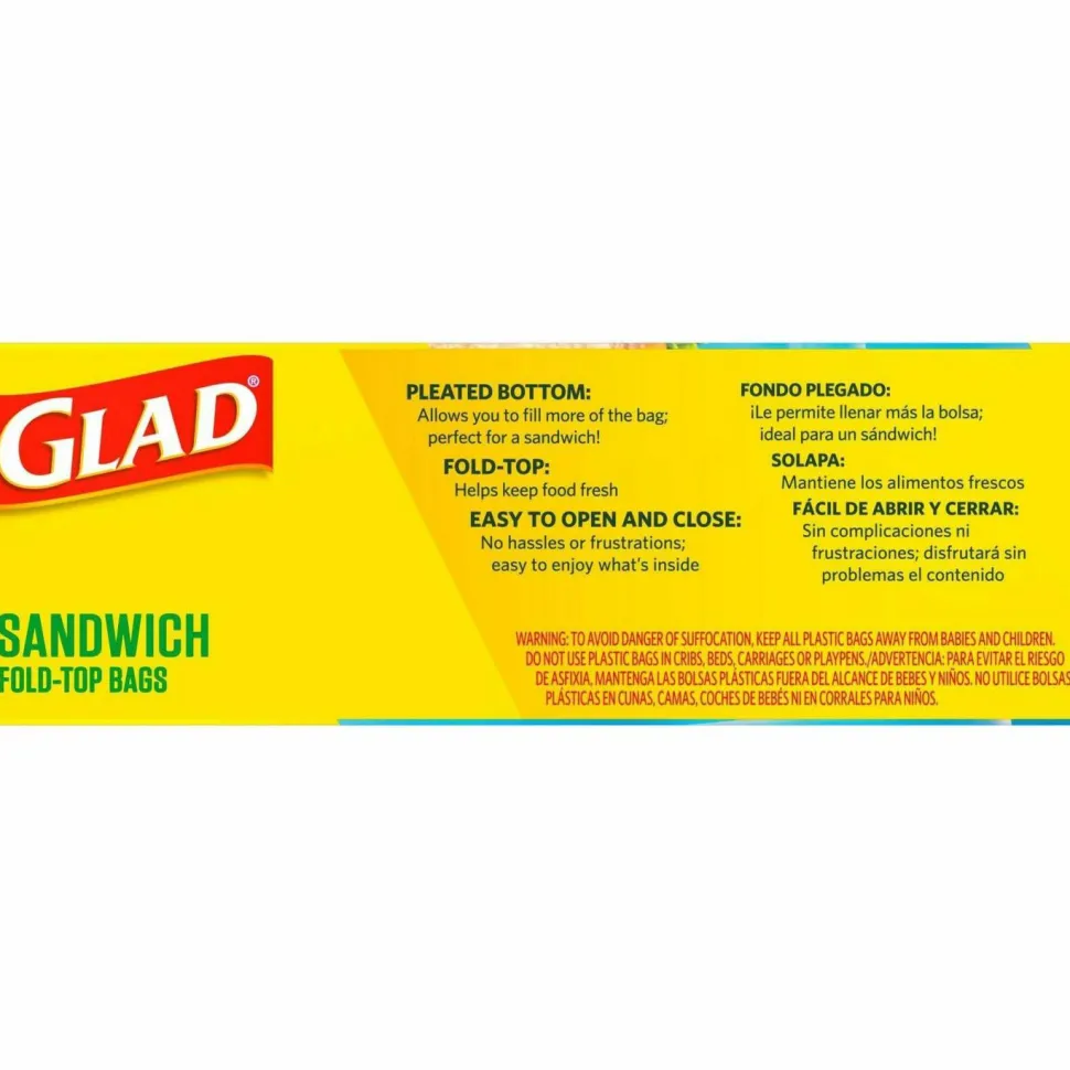 Glad Fold Top Food Storage Plastic Sandwich Bags, 6.5 x 5.5, Clear, 180 Bags/Box, 12 Boxes/Carton