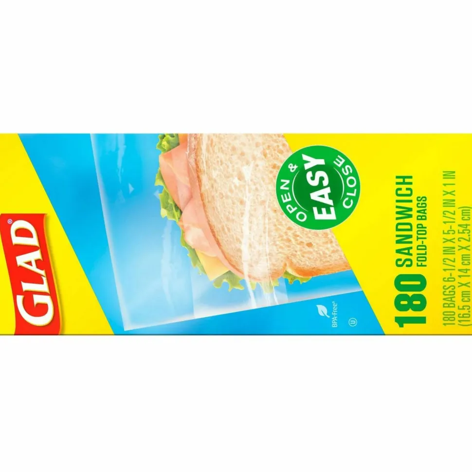Glad Fold Top Food Storage Plastic Sandwich Bags, 6.5 x 5.5, Clear, 180 Bags/Box, 12 Boxes/Carton