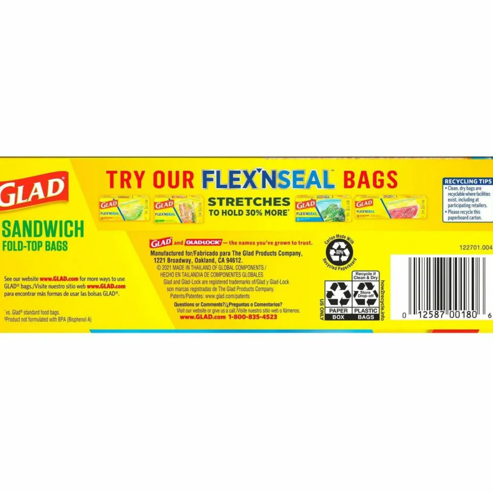 Glad Fold Top Food Storage Plastic Sandwich Bags, 6.5 x 5.5, Clear, 180 Bags/Box, 12 Boxes/Carton