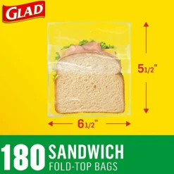 Glad Fold Top Food Storage Plastic Sandwich Bags, 6.5 x 5.5, Clear, 180 Bags/Box, 12 Boxes/Carton
