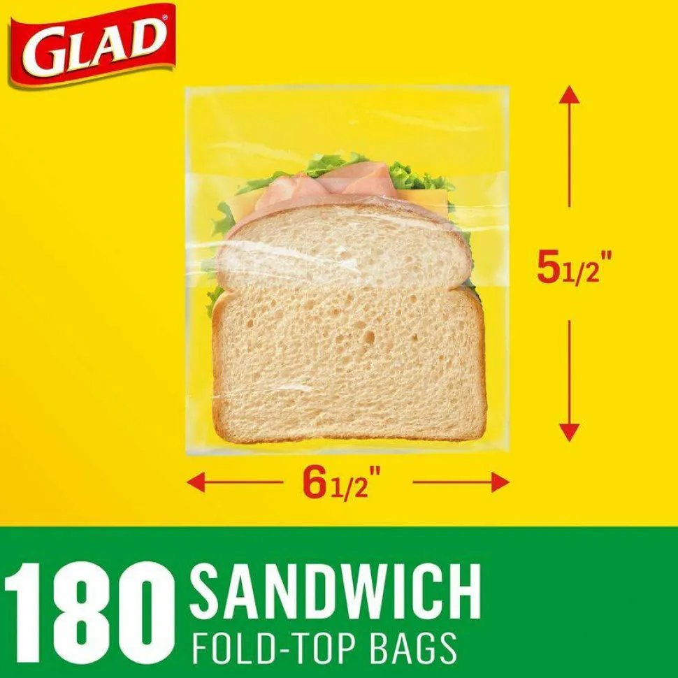 Glad Fold Top Food Storage Plastic Sandwich Bags, 6.5 x 5.5, Clear, 180 Bags/Box, 12 Boxes/Carton