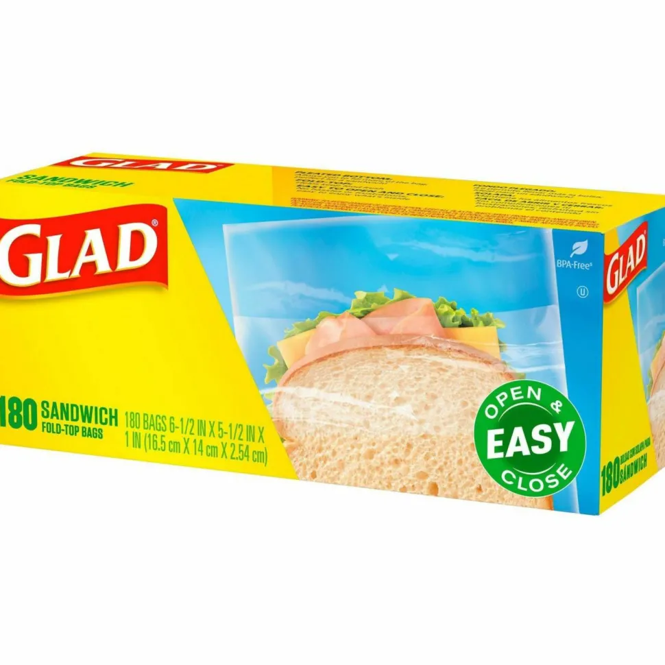 Glad Fold Top Food Storage Plastic Sandwich Bags, 6.5 x 5.5, Clear, 180 Bags/Box, 12 Boxes/Carton