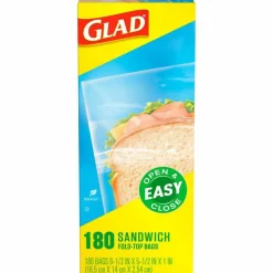 Glad Fold Top Food Storage Plastic Sandwich Bags, 6.5 x 5.5, Clear, 180 Bags/Box, 12 Boxes/Carton