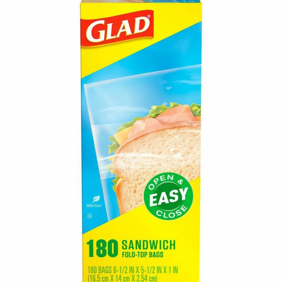 Glad Fold Top Food Storage Plastic Sandwich Bags, 6.5 x 5.5, Clear, 180 Bags/Box, 12 Boxes/Carton