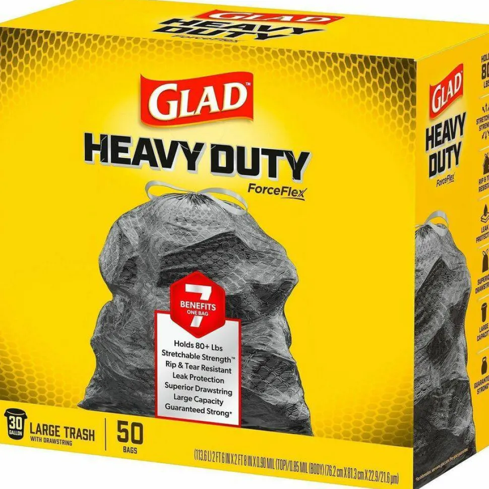 Glad ForceFlexPlus Drawstring Large Trash Bags, Large Size, 30 gal, 0.90 mil (23 Micron) Thickness, 50 Count - 78997