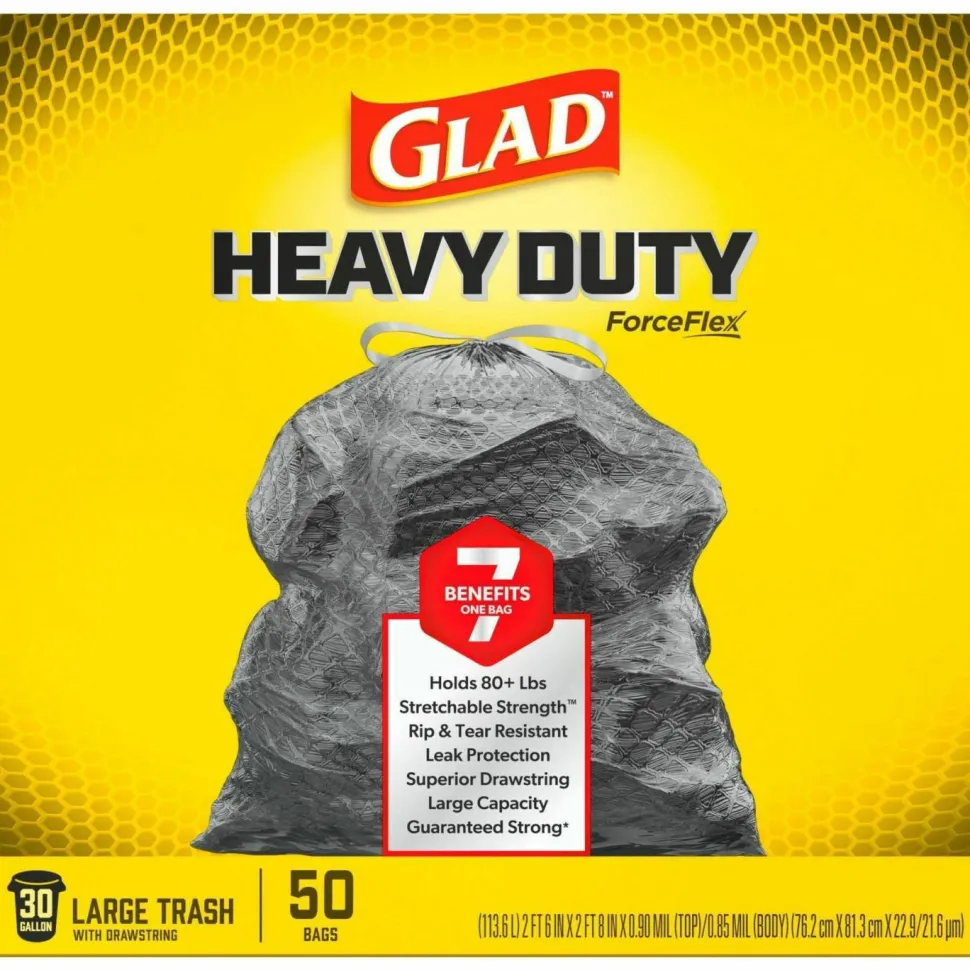 Glad ForceFlexPlus Drawstring Large Trash Bags, Large Size, 30 gal, 0.90 mil (23 Micron) Thickness, 50 Count - 78997