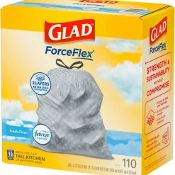 Glad ForceFlex Tall Kitchen Drawstring Trash Bags, 0.72 mil, 13 Gallon, Gain Fresh Clean, 110 Count (78554)