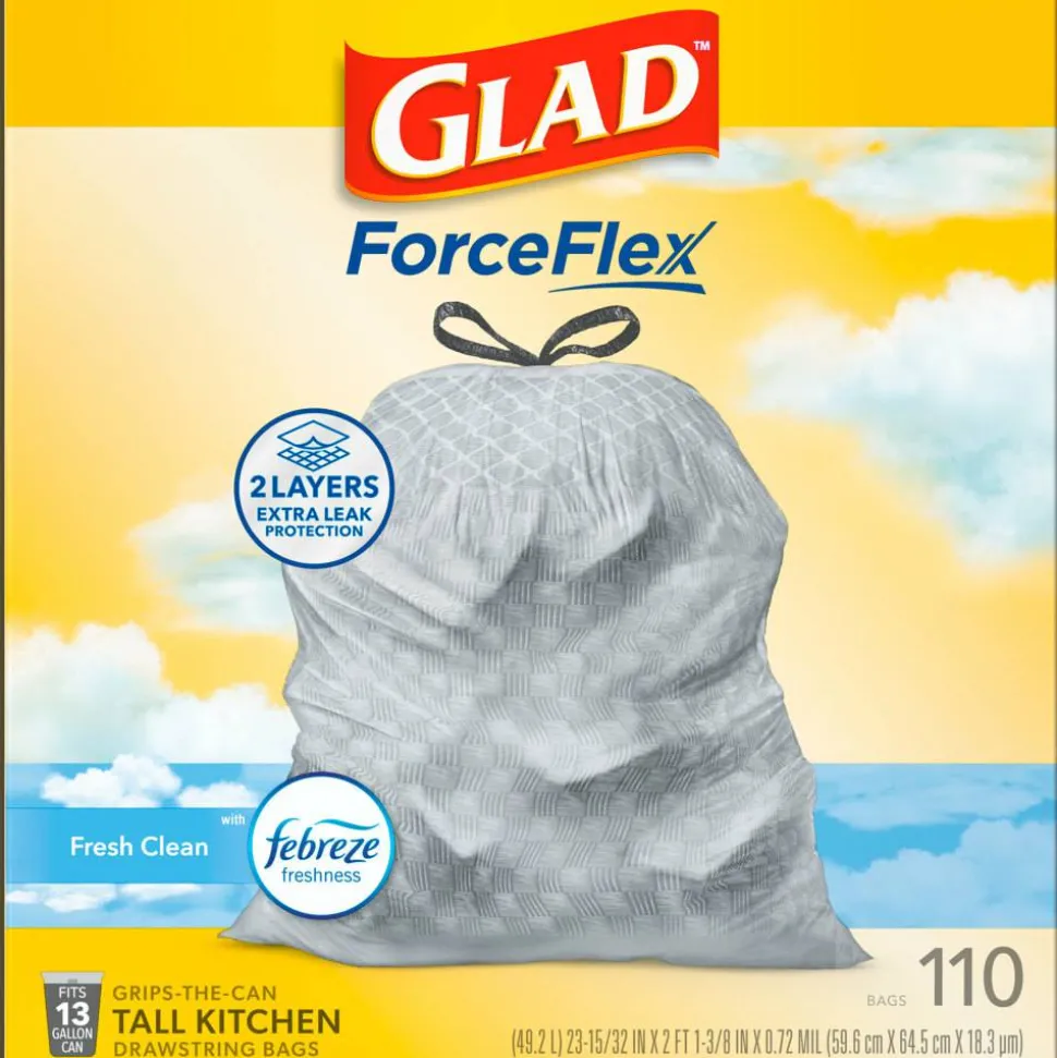 Glad ForceFlex Tall Kitchen Drawstring Trash Bags, 0.72 mil, 13 Gallon, Gain Fresh Clean, 110 Count (78554)