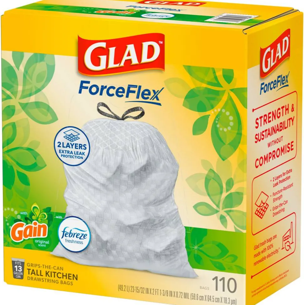 Glad ForceFlex Tall Kitchen Drawstring Trash Bags, 0.72 mil, 13 Gallon, Gain Original with Febreze Freshness, 110 Count