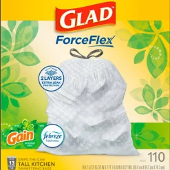 Glad ForceFlex Tall Kitchen Drawstring Trash Bags, 0.72 mil, 13 Gallon, Gain Original with Febreze Freshness, 110 Count