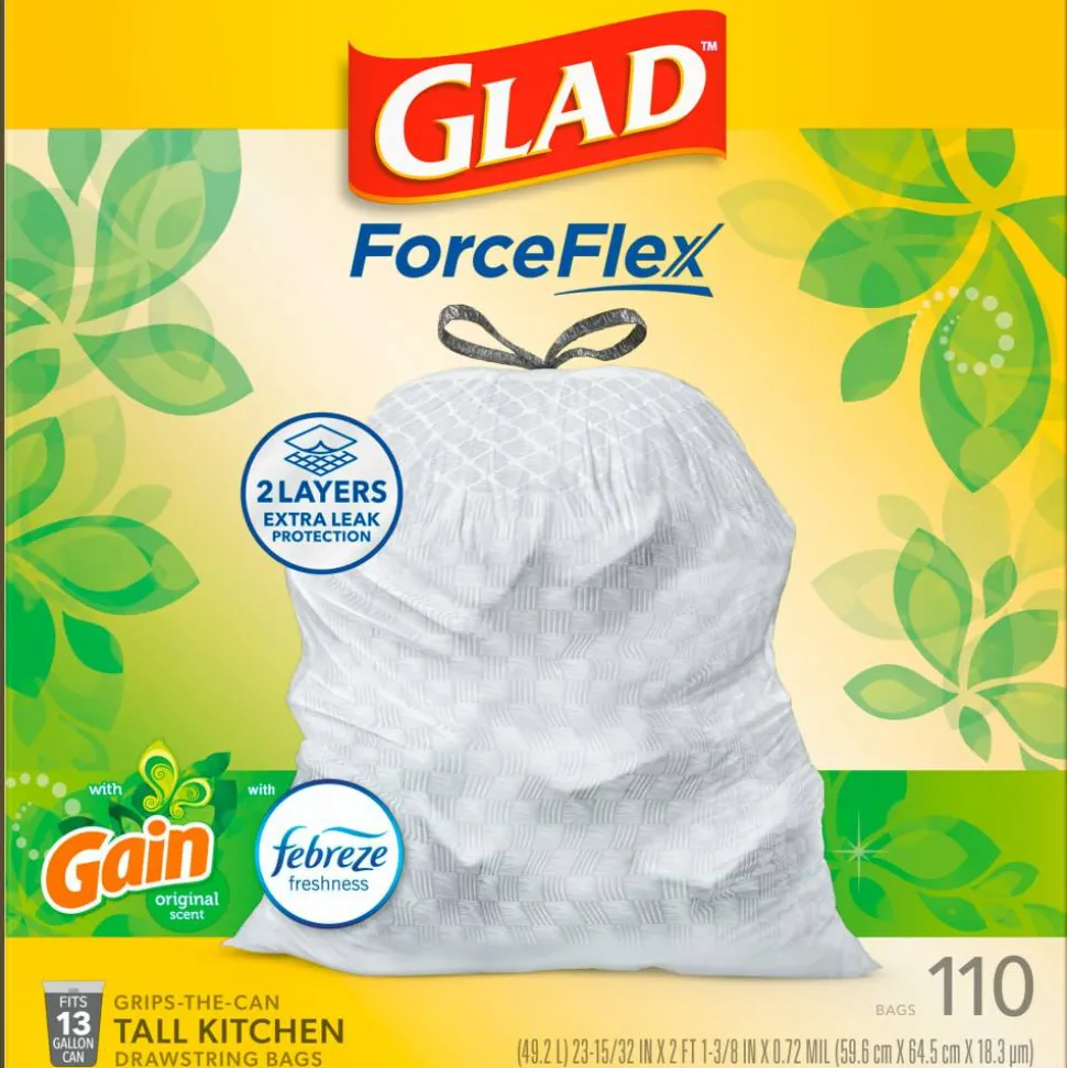 Glad ForceFlex Tall Kitchen Drawstring Trash Bags, 0.72 mil, 13 Gallon, Gain Original with Febreze Freshness, 110 Count