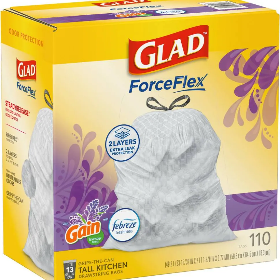 Glad ForceFlex Tall Kitchen Drawstring Trash Bags, 0.72 mil, 13 Gallon, Gain Lavender with Febreze Freshness, 110 Count