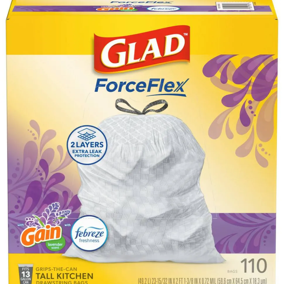 Glad ForceFlex Tall Kitchen Drawstring Trash Bags, 0.72 mil, 13 Gallon, Gain Lavender with Febreze Freshness, 110 Count