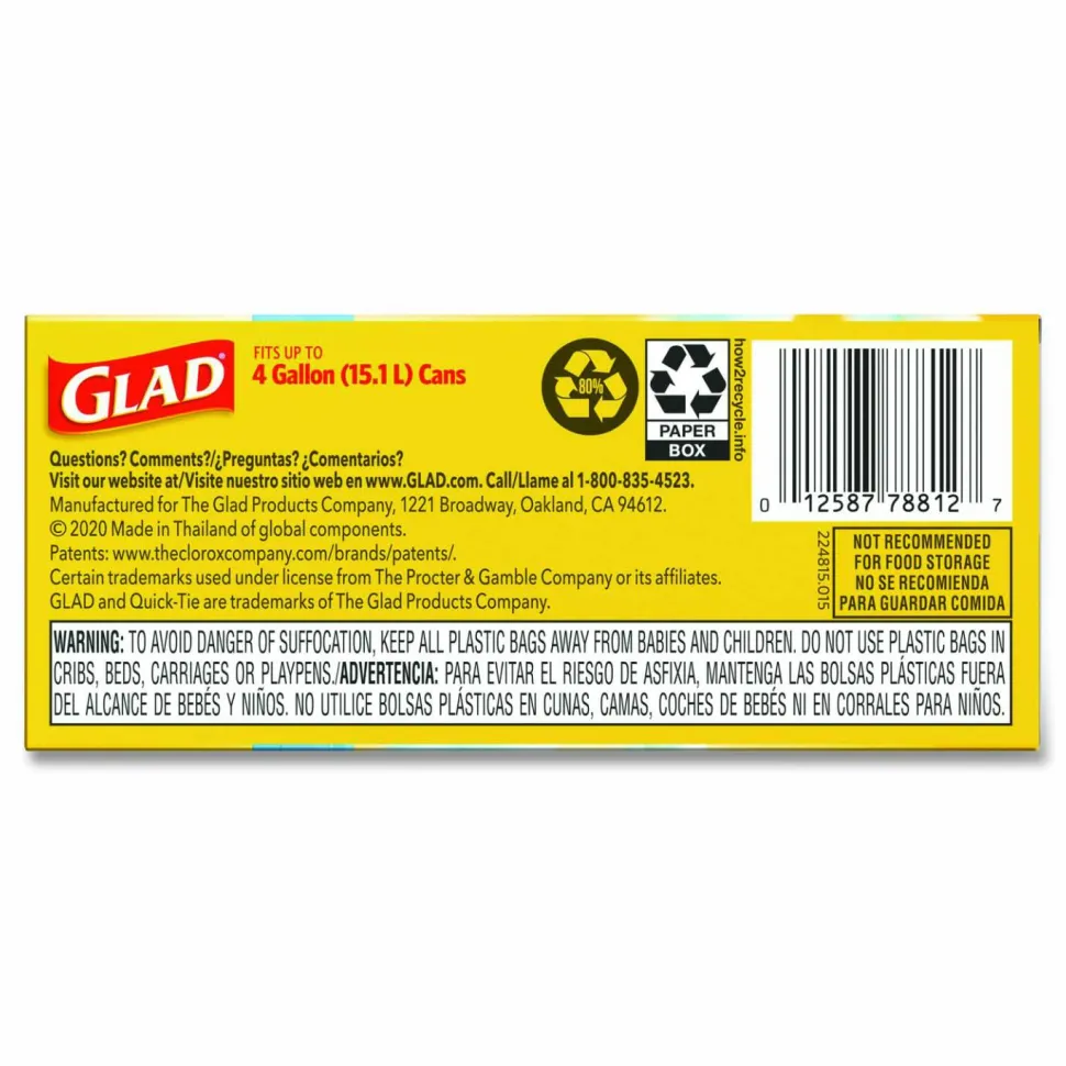 Glad OdorShield Quick-Tie Small Trash Bags, 0.5 mil, Tie-Flap, 4 gal, Febreze Fresh Clean Scent, 8 x 18, White, 26 Bags/Box, 6 Boxes/Carton