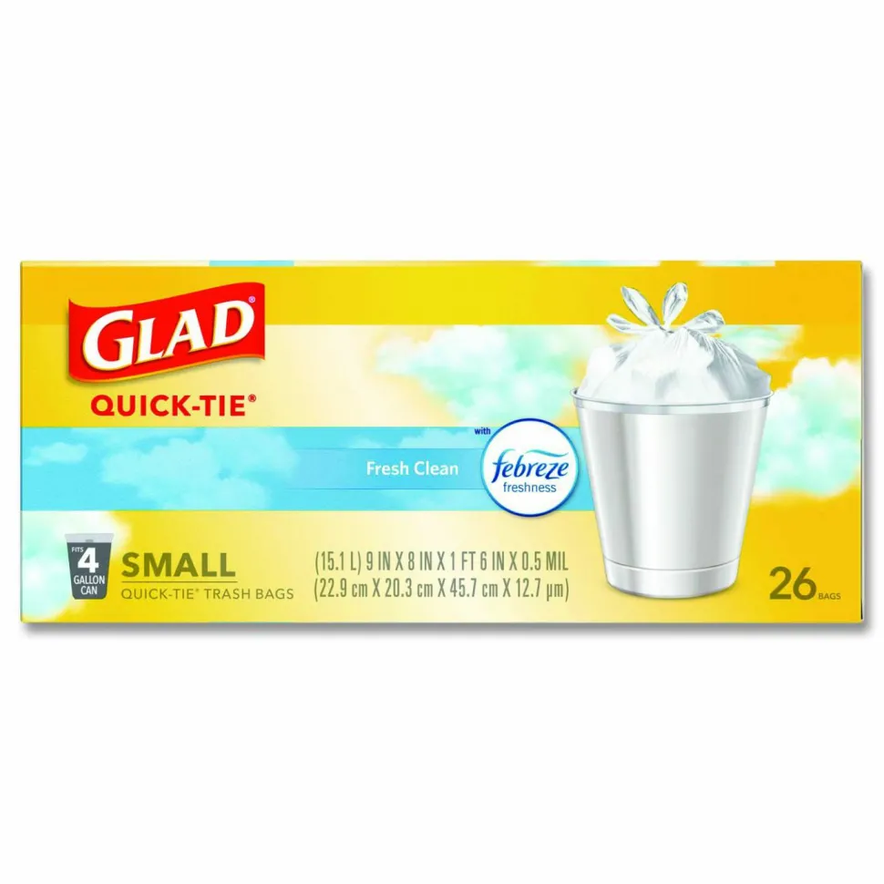 Glad OdorShield Quick-Tie Small Trash Bags, 0.5 mil, Tie-Flap, 4 gal, Febreze Fresh Clean Scent, 8 x 18, White, 26 Bags/Box, 6 Boxes/Carton