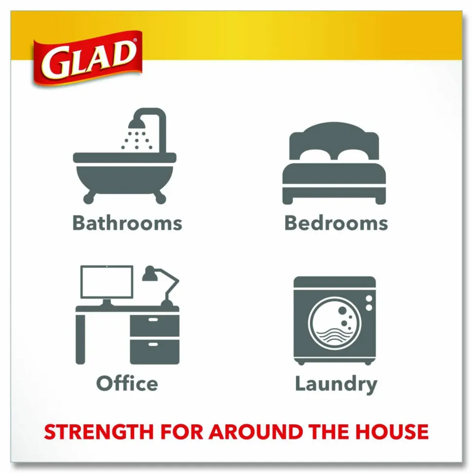 Glad OdorShield Quick-Tie Small Trash Bags, 0.5 mil, Tie-Flap, 4 gal, Febreze Fresh Clean Scent, 8 x 18, White, 26 Bags/Box, 6 Boxes/Carton