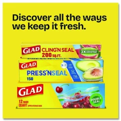 Glad Zipper Food Storage Plastic Bags, Quart Size, 7.75 x 7, Clear, 25 Bags/Box, 12 Boxes/Carton