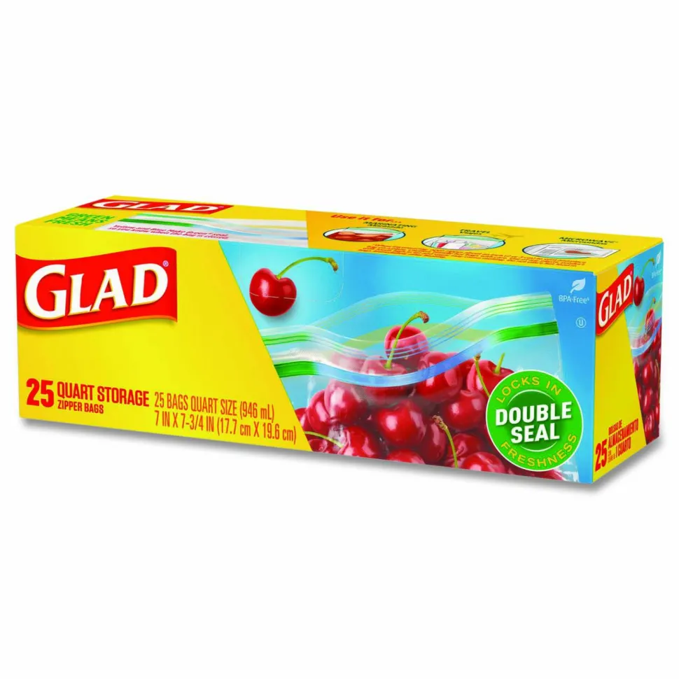 Glad Zipper Food Storage Plastic Bags, Quart Size, 7.75 x 7, Clear, 25 Bags/Box, 12 Boxes/Carton