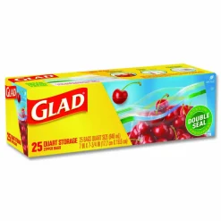 Glad Zipper Food Storage Plastic Bags, Quart Size, 7.75 x 7, Clear, 25 Bags/Box, 12 Boxes/Carton