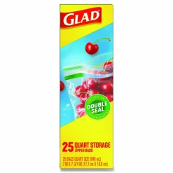 Glad Zipper Food Storage Plastic Bags, Quart Size, 7.75 x 7, Clear, 25 Bags/Box, 12 Boxes/Carton