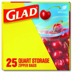 Glad Zipper Food Storage Plastic Bags, Quart Size, 7.75 x 7, Clear, 25 Bags/Box, 12 Boxes/Carton