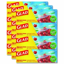 Glad Zipper Food Storage Plastic Bags, Quart Size, 7.75 x 7, Clear, 25 Bags/Box, 12 Boxes/Carton