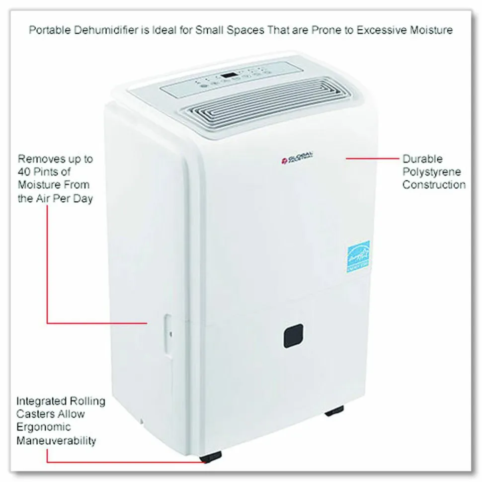 Global Industrial Portable Dehumidifier with Pump and Wi-Fi, 9.62 x 11.62 x 19.87, White