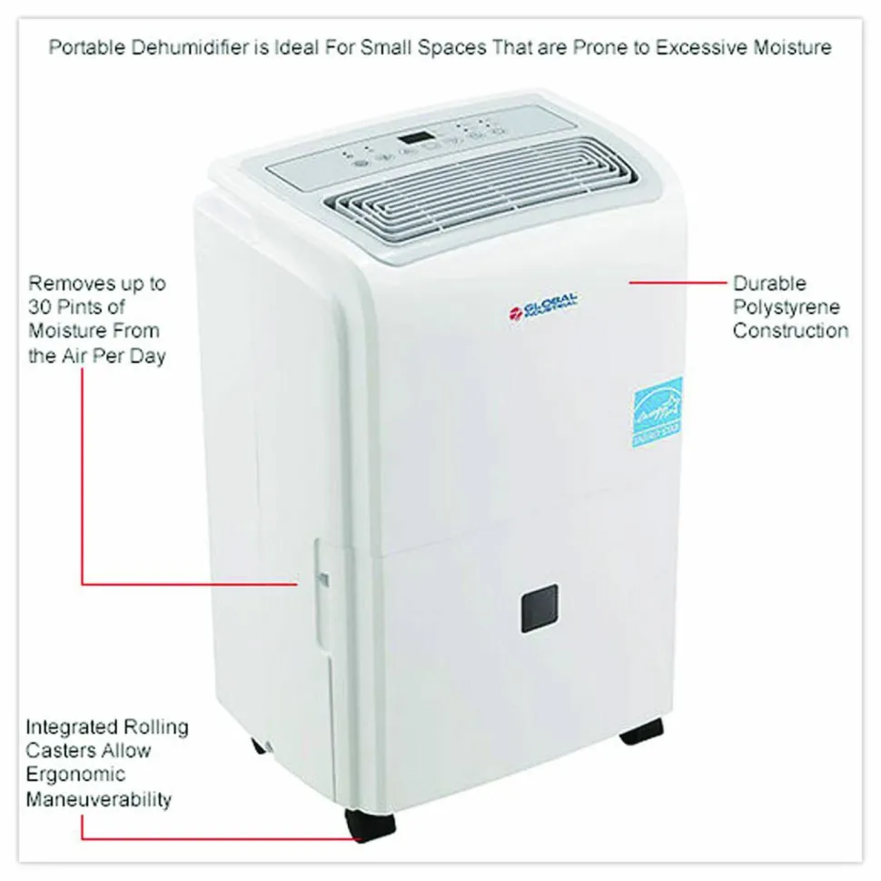 Global Industrial Portable Dehumidifier, 9.62 x 9.62 x 19.68, White