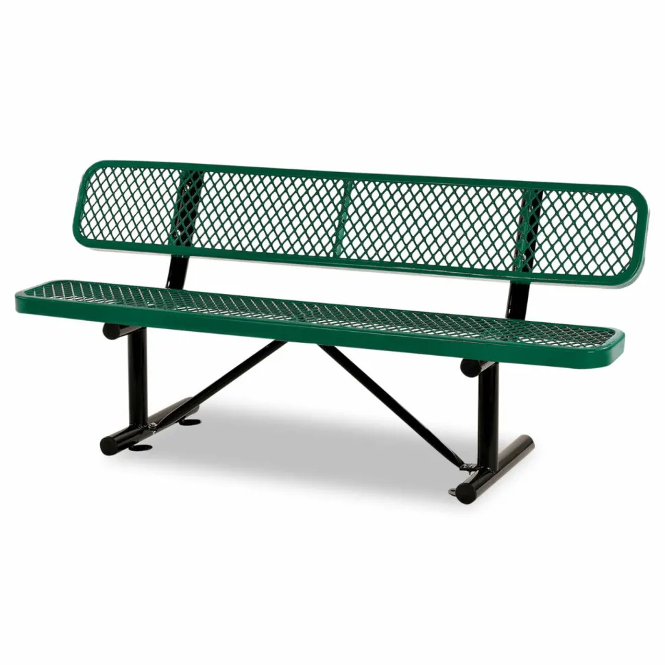 Global Industrial Expanded Steel Bench With Back, 72" x 24" x 33", Green Seat/Back, Black Base