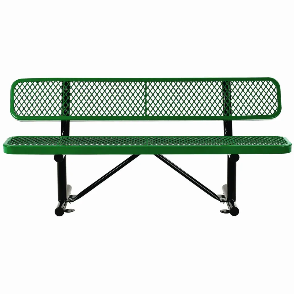 Global Industrial Expanded Steel Bench With Back, 72" x 24" x 33", Green Seat/Back, Black Base